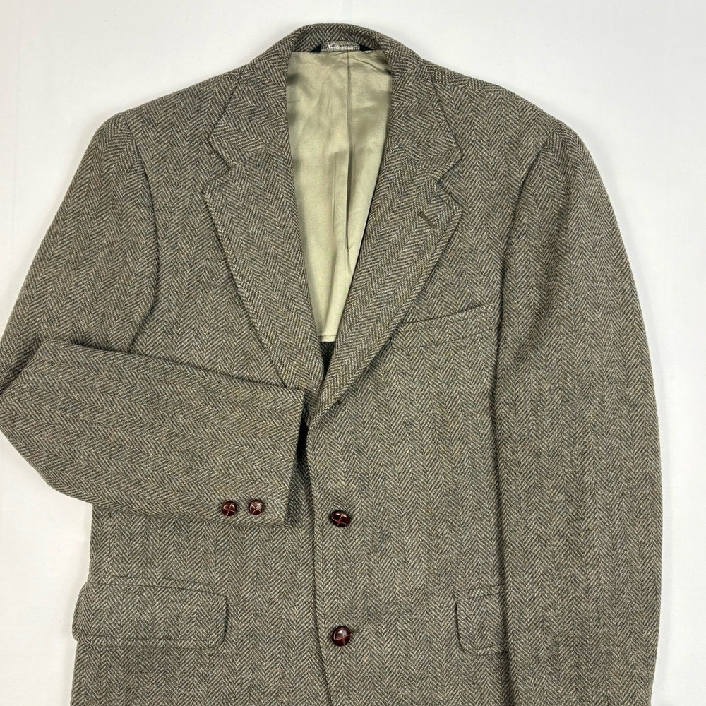 VTG Jos A Bank Herringbone Tweed Wool Semi-Lined 2/3-Btn Roll Sport Coat Green